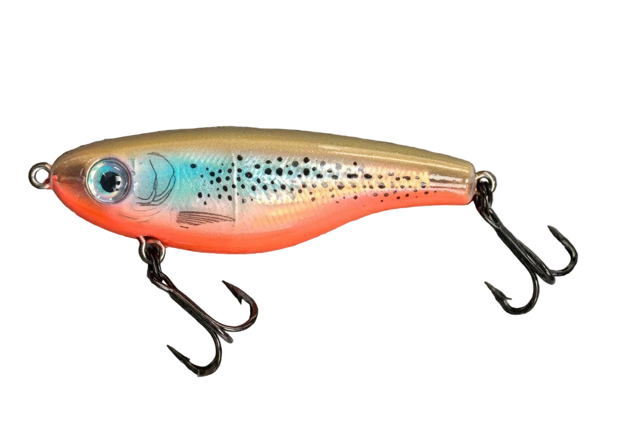 A hard bait fishing lure with a realistic fish design, featuring a metallic gold top, a bright orange-red belly, and black speckled vertical stripes. It has a detailed blue and silver eye and two treble hooks attached.