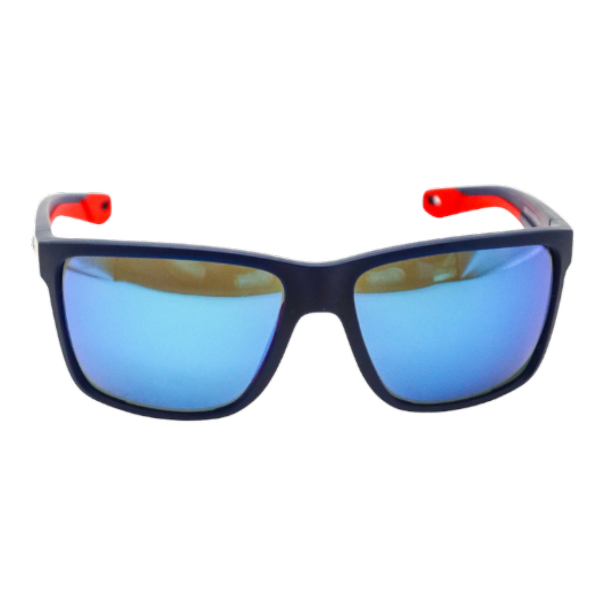Dogfish Tackle & Marine Costa Broadbill II polarized sunglasses with navy frames, blue mirror lenses, and red accents.