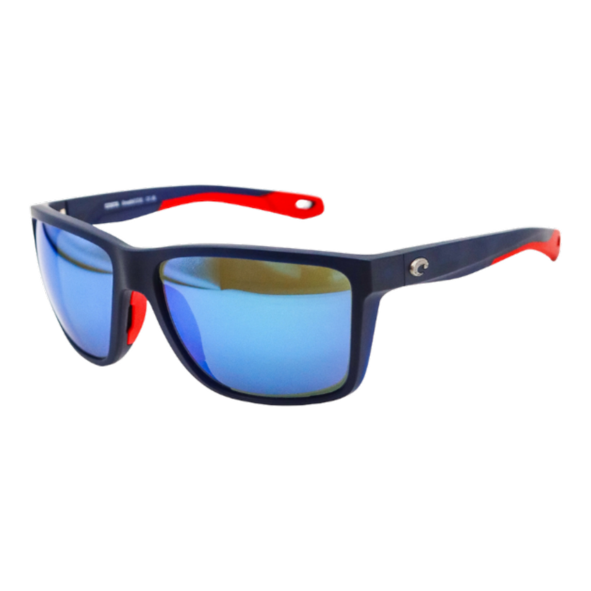 Dogfish Tackle & Marine Costa Broadbill II polarized sunglasses with blue mirror lenses and navy and red frames.