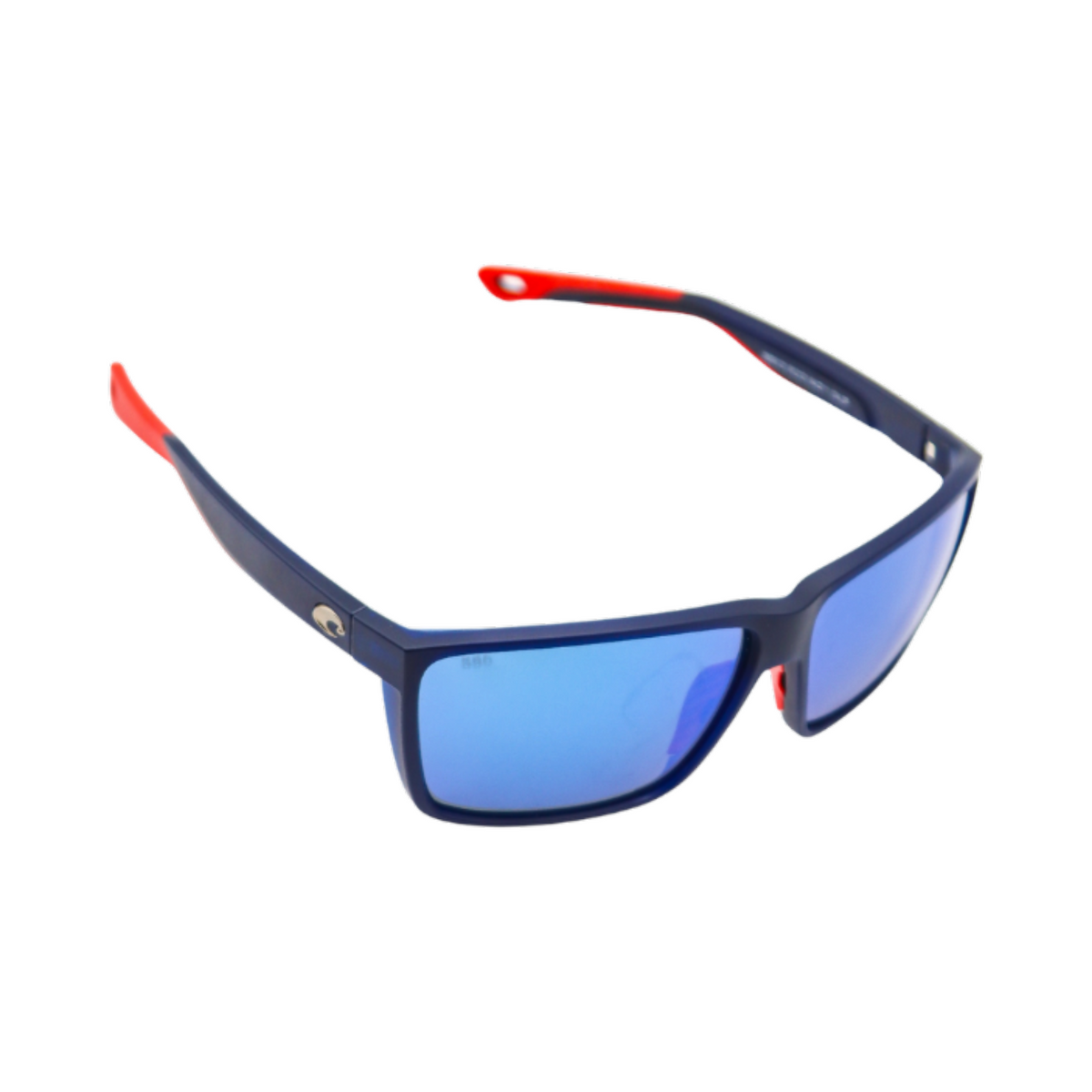 Dogfish Tackle & Marine Costa Rincon II polarized sunglasses with blue mirror lenses and navy and red frames.