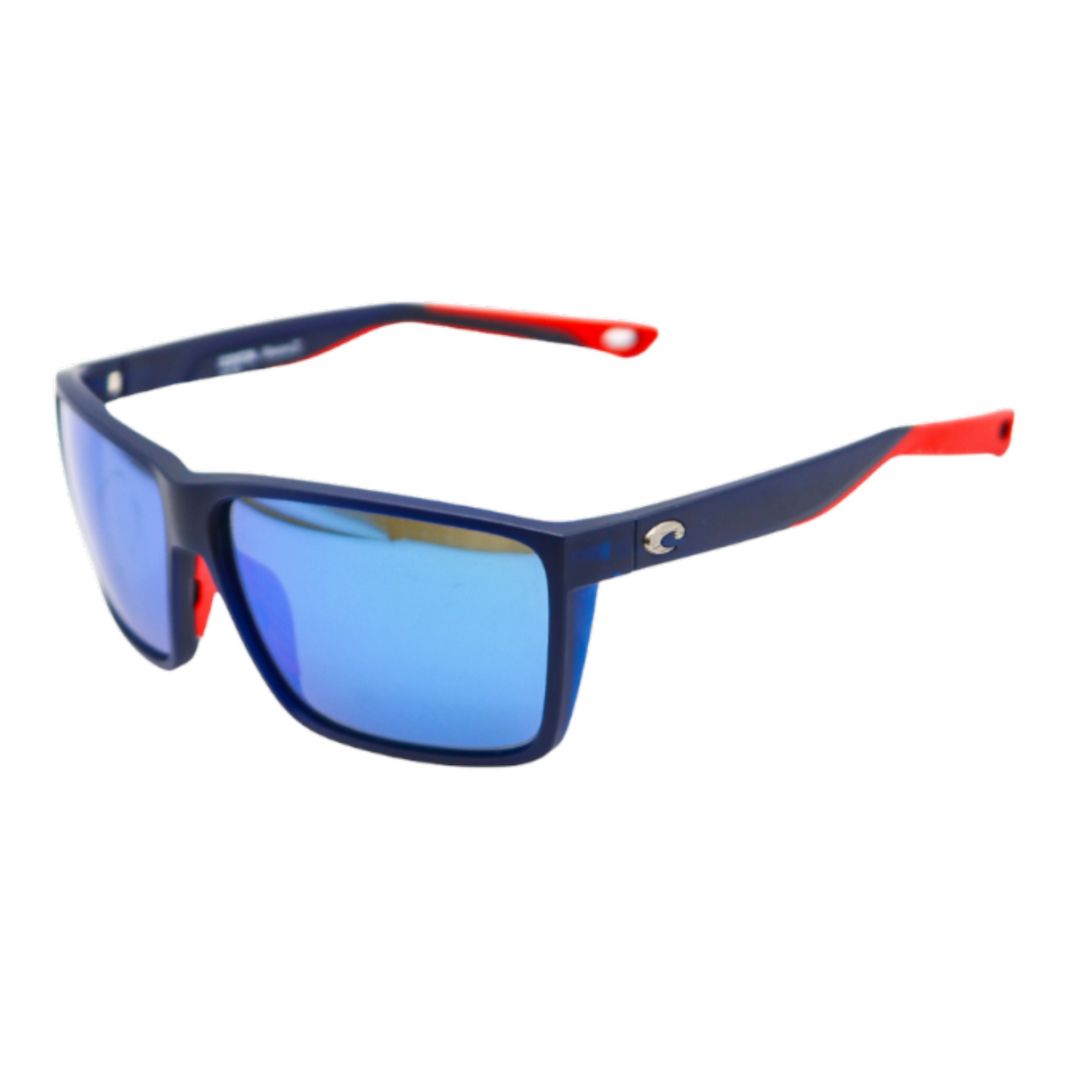 Dogfish Tackle & Marine Costa Rincon II polarized sunglasses with blue mirror lenses and navy and red frames.