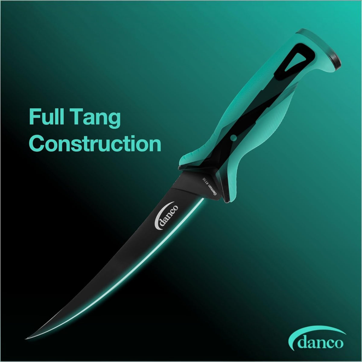 Dogfish Tackle & Marine Danco 7-inch Pro Series fillet knife with black Teflon-coated blade and teal ergonomic grip.