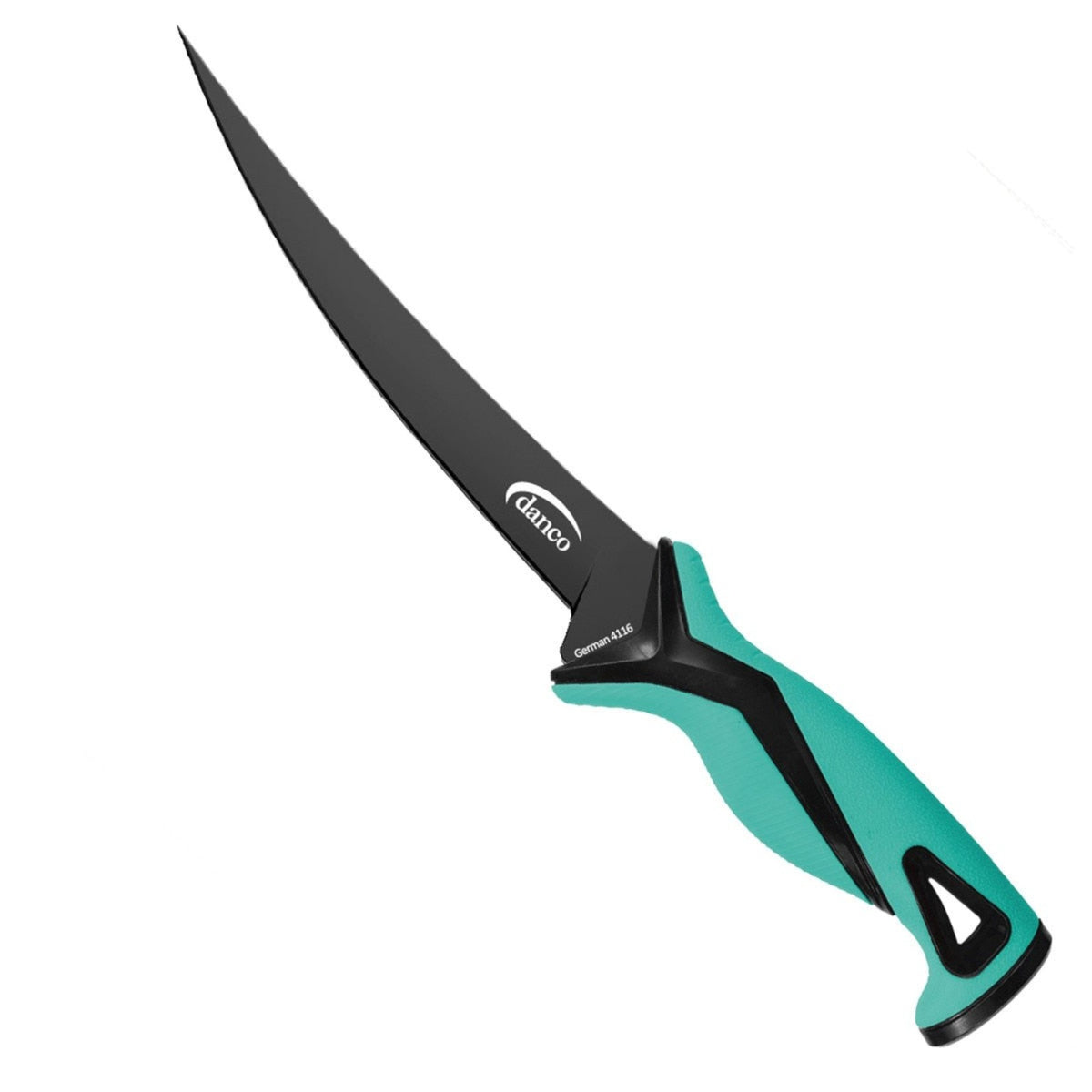 Dogfish Tackle & Marine Danco 7-inch Pro Series fillet knife with a black Teflon-coated blade and teal molded grip.