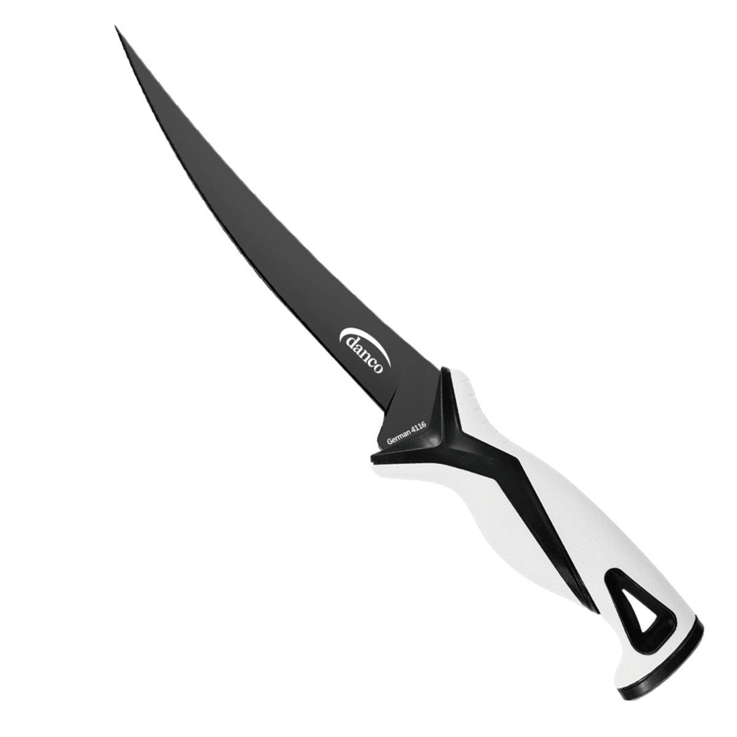 Dogfish Tackle & Marine Danco 7-inch Pro Series fillet knife with black Teflon-coated blade and white ergonomic grip