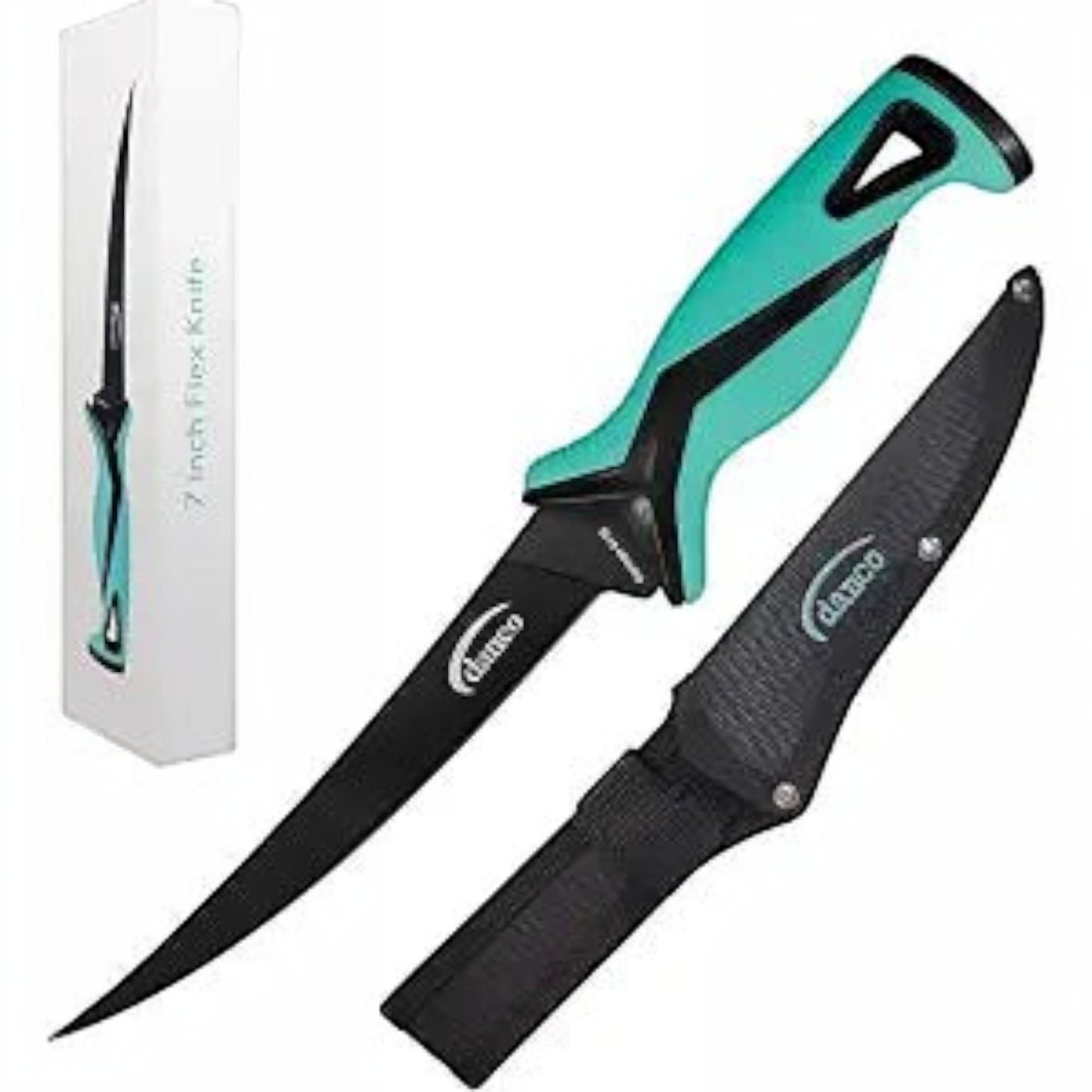Dogfish Tackle & Marine Danco 7-inch Pro Series fillet knife with black blade, teal grip, and protective sheath.