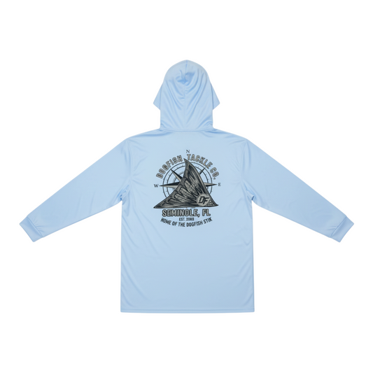 Back view of a light blue Dogfish Tackle & Marine long sleeve performance fishing hoodie with a compass logo graphic.