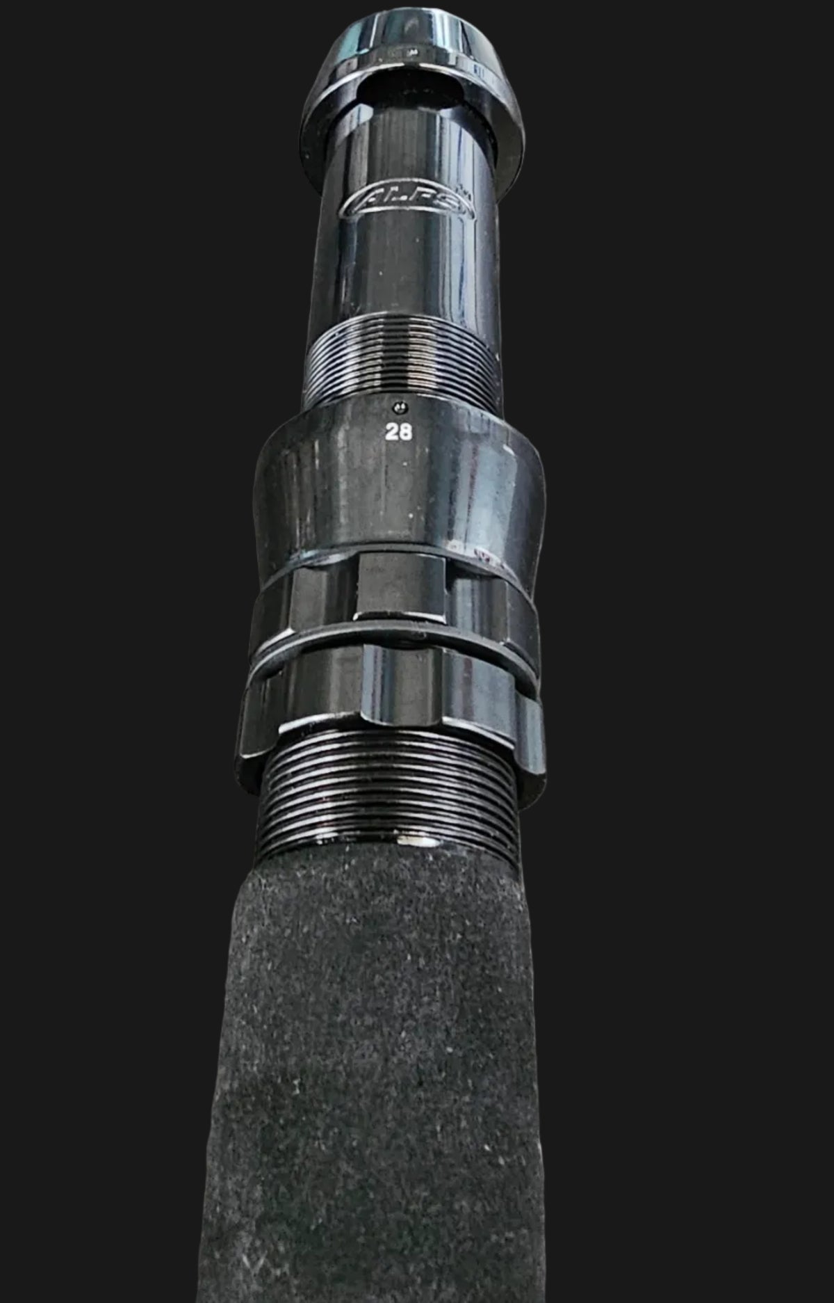 close up image of an Alps Aluminum Reel seat on Dogfish Stik Shark Rod 