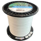 Spool of white fishing line with a label on a gray surface