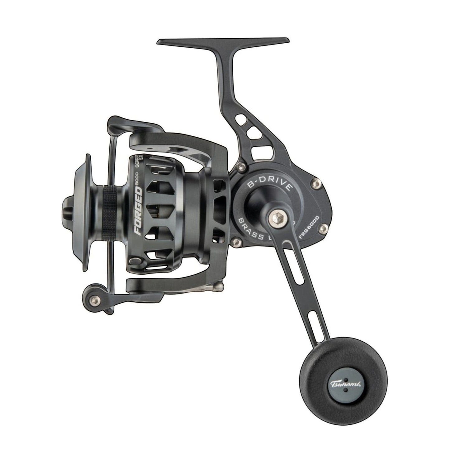 Dogfish Tackle & Marine Tsunami Forged saltwater spinning reel in black with aluminum body and ergonomic power handle.