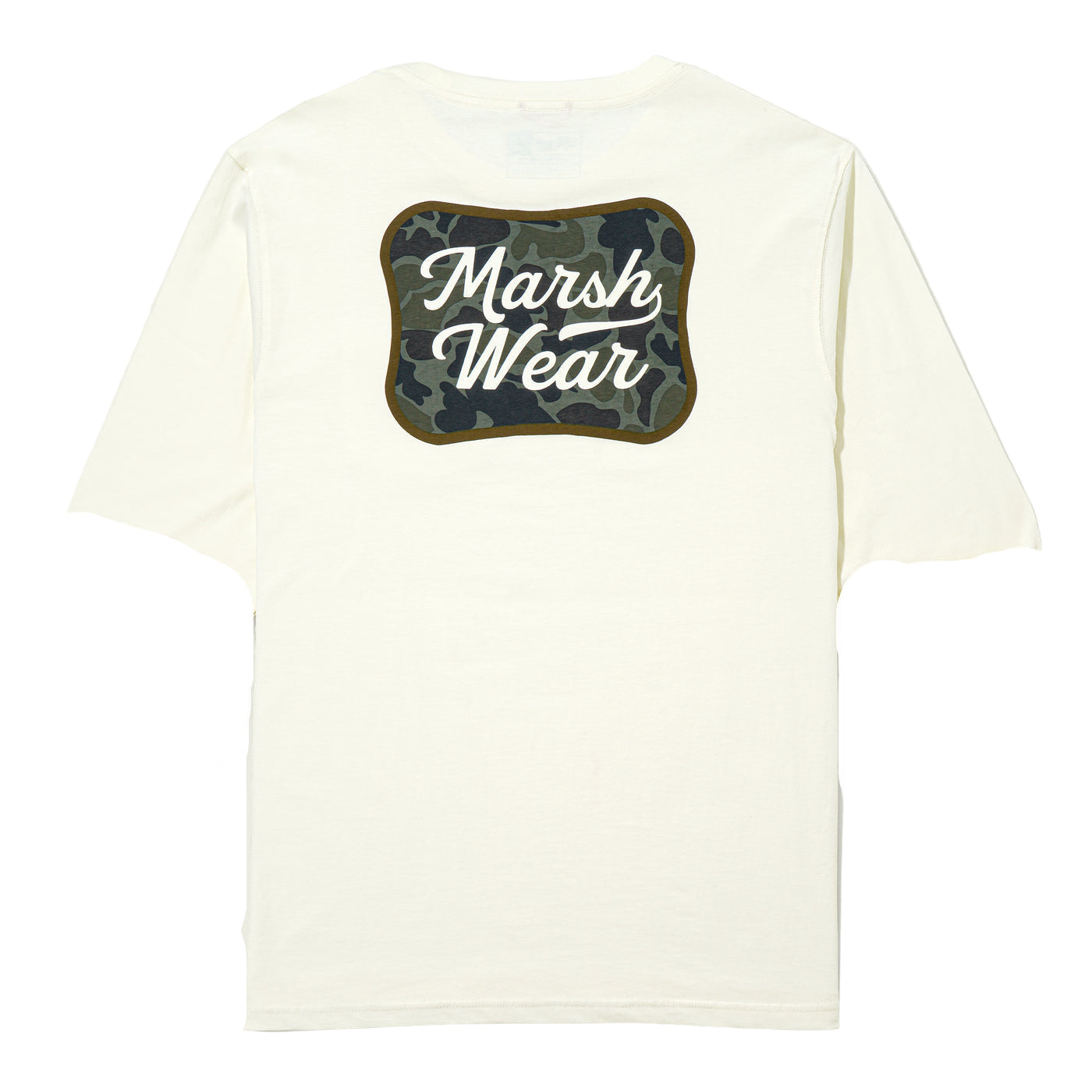 White t-shirt with a camouflage patch and 'Marsh Wear' text on a white background