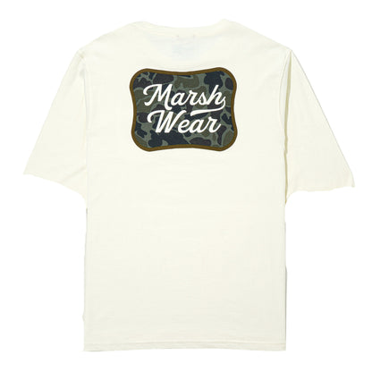 White t-shirt with a camouflage patch and 'Marsh Wear' text on a white background