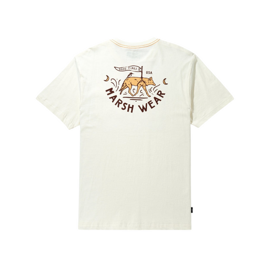 Dogfish Tackle & Marine Marsh Wear Mission T-Shirt in off-white cotton with a back graphic of a coyote and flag.