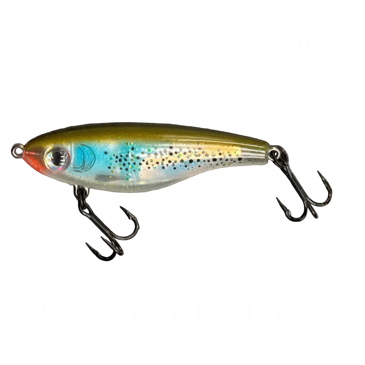A trout-shaped fishing lure with two treble hooks, shown on a textured gray background with the word 'TROUT' printed in black text in the upper left.