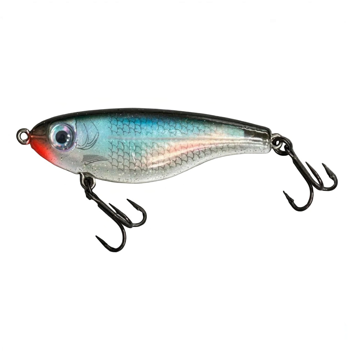 A hard bait fishing lure with a realistic fish design, featuring a silver body with blue and green iridescence, a red belly, and black treble hooks, shown on a textured gray background.