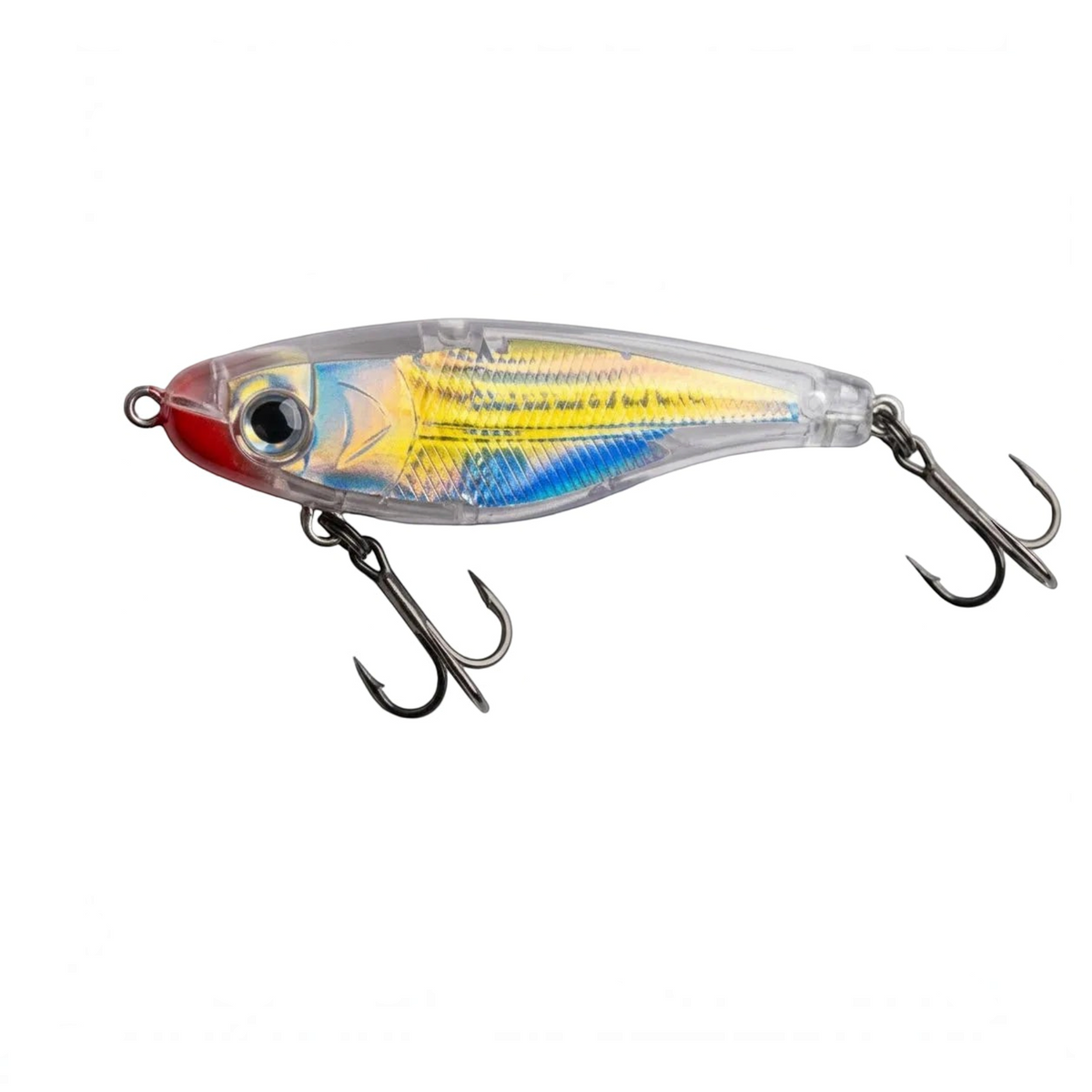A clear plastic fishing crankbait lure with a yellow, blue, and red patterned body, featuring two black treble hooks, shown on a light gray background with a size label 'S' in the top left.