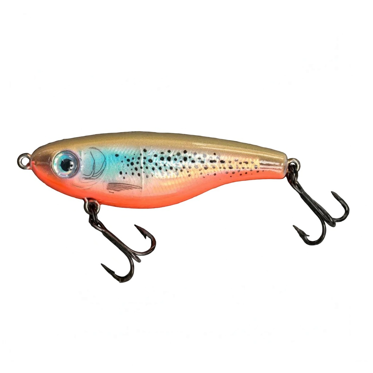 A hard bait fishing lure with a realistic fish design, featuring a metallic gold top, a bright orange-red belly, and black speckled vertical stripes. It has a detailed blue and silver eye and two treble hooks attached.