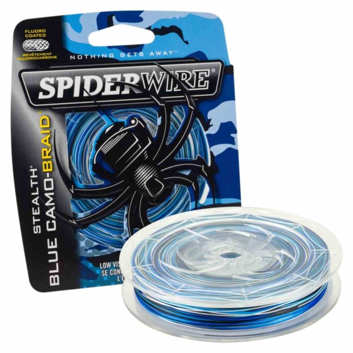 Spiderwire Blue Camo-Braid fishing line with packaging on a white background