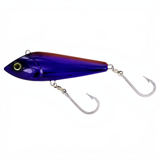 Dogfish Tackle & Marine Yo-Zuri Bonita sinking trolling lure in purple and orange with stainless steel hooks