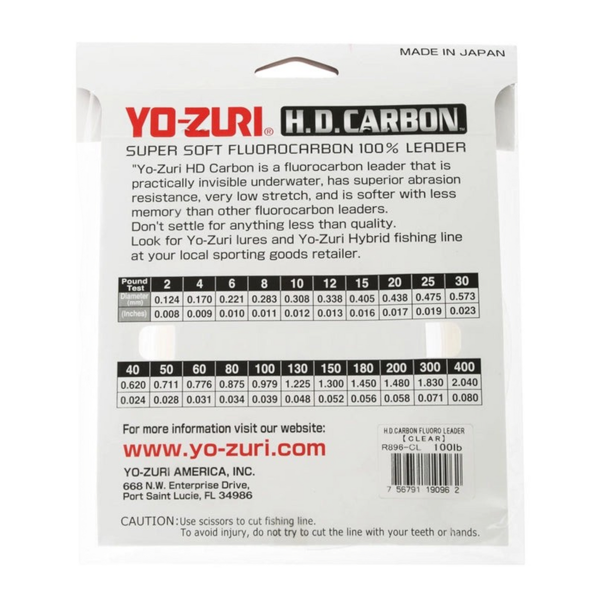 Dogfish Tackle & Marine Yo-Zuri H.D. Carbon clear fluorocarbon fishing leader spool packaging back view