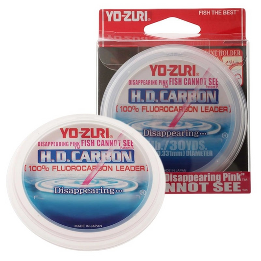 Dogfish Tackle & Marine Yo-Zuri H.D. Carbon 100% fluorocarbon fishing leader in disappearing pink on a spool.
