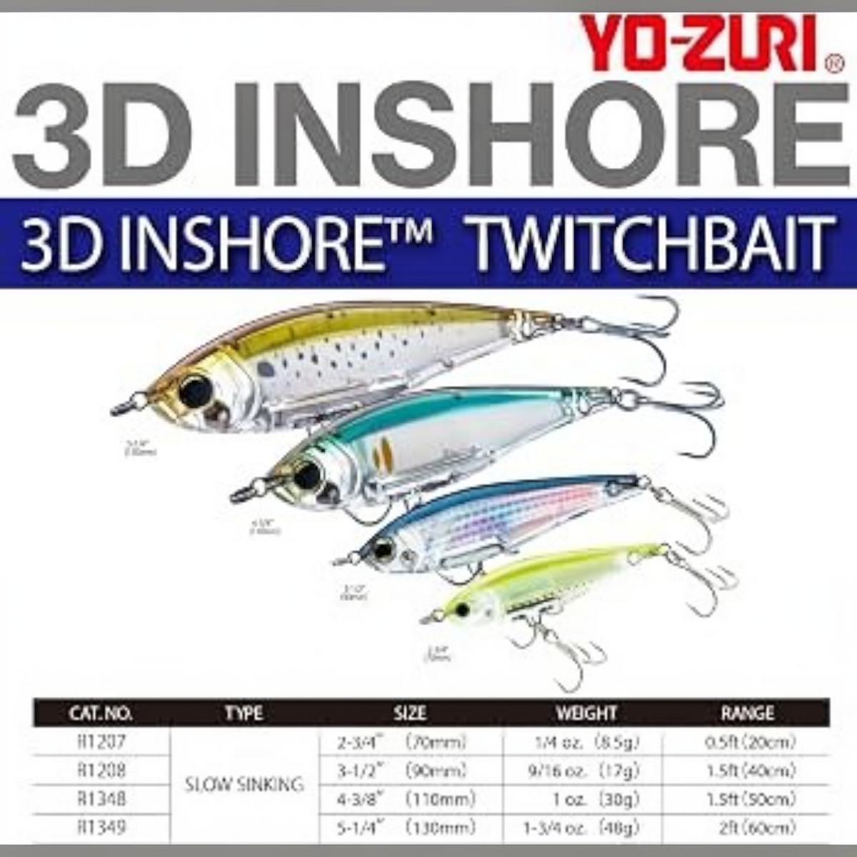 Dogfish Tackle & Marine Yo-Zuri 3D Inshore slow sinking twitch baits in various sizes and holographic prism finishes.