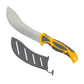 Knife with yellow and gray handle and sheath on a white background