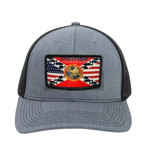 Dogfish Florida Native trucker hat with mesh back panels and a Florida flag patch.