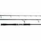 Dogfish Stik spinning fishing rod with black graphite blank, EVA foam grip, and blue accents. Features Alps guides and Fuji reel seat.