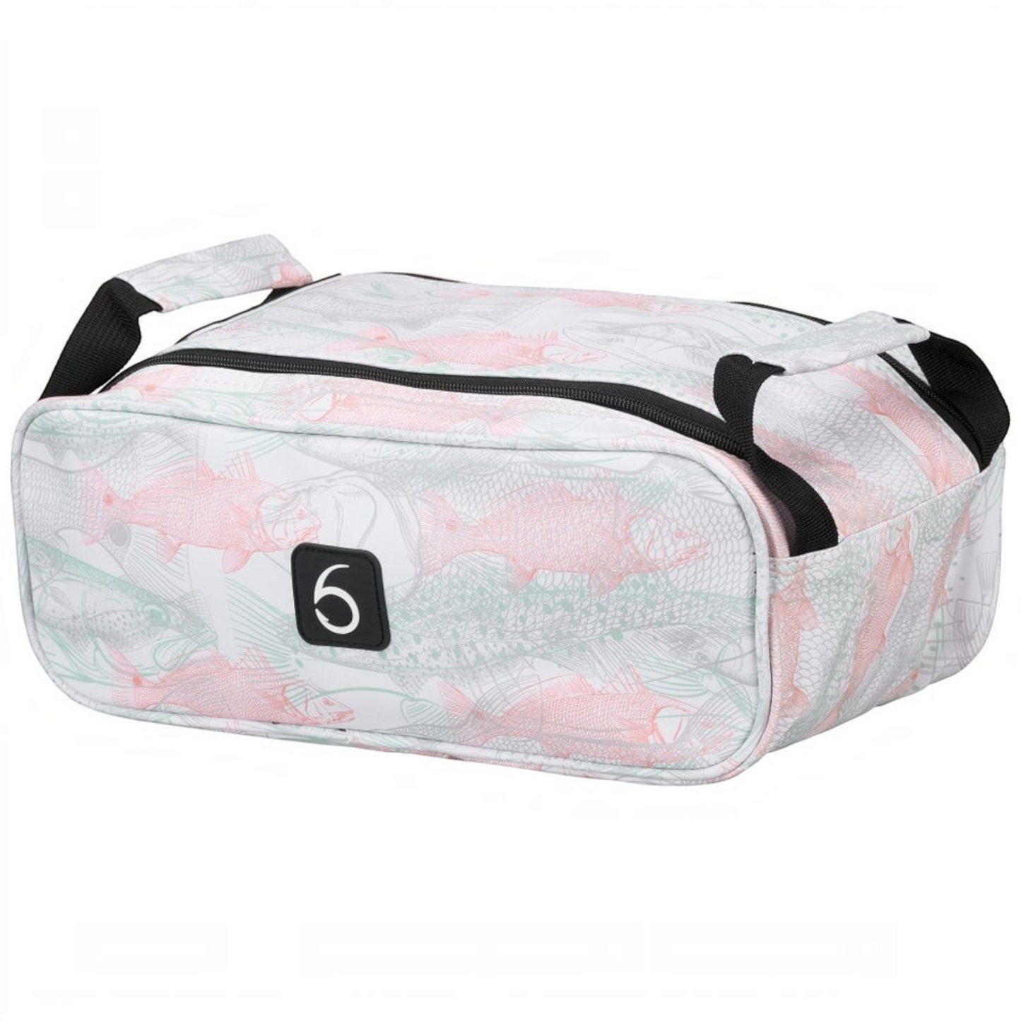Dogfish Tackle & Marine 6th Sense extra large bait bag with white, pink, and green fish pattern and black handles.