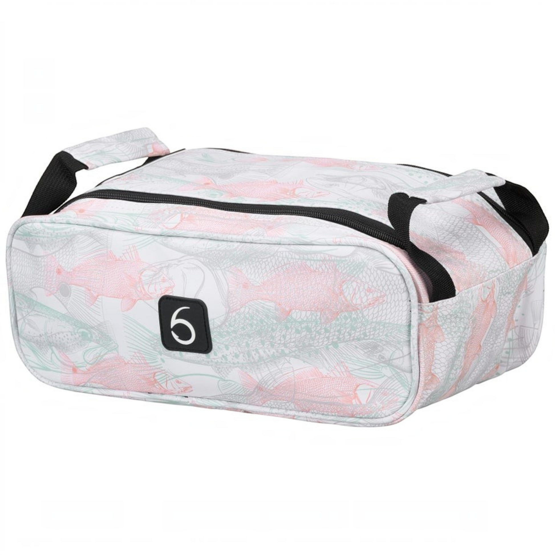 Dogfish Tackle & Marine 6th Sense extra large bait bag with white, pink, and green fish pattern and black handles.