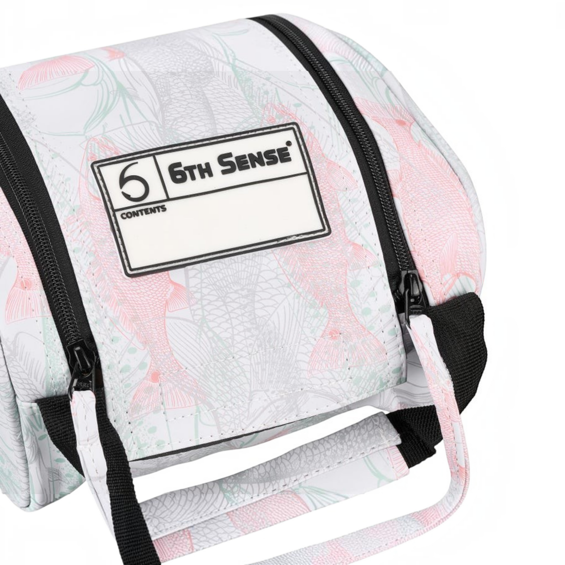 Dogfish Tackle & Marine 6th Sense extra large bait bag with white, pink, and green fish scale pattern and label window
