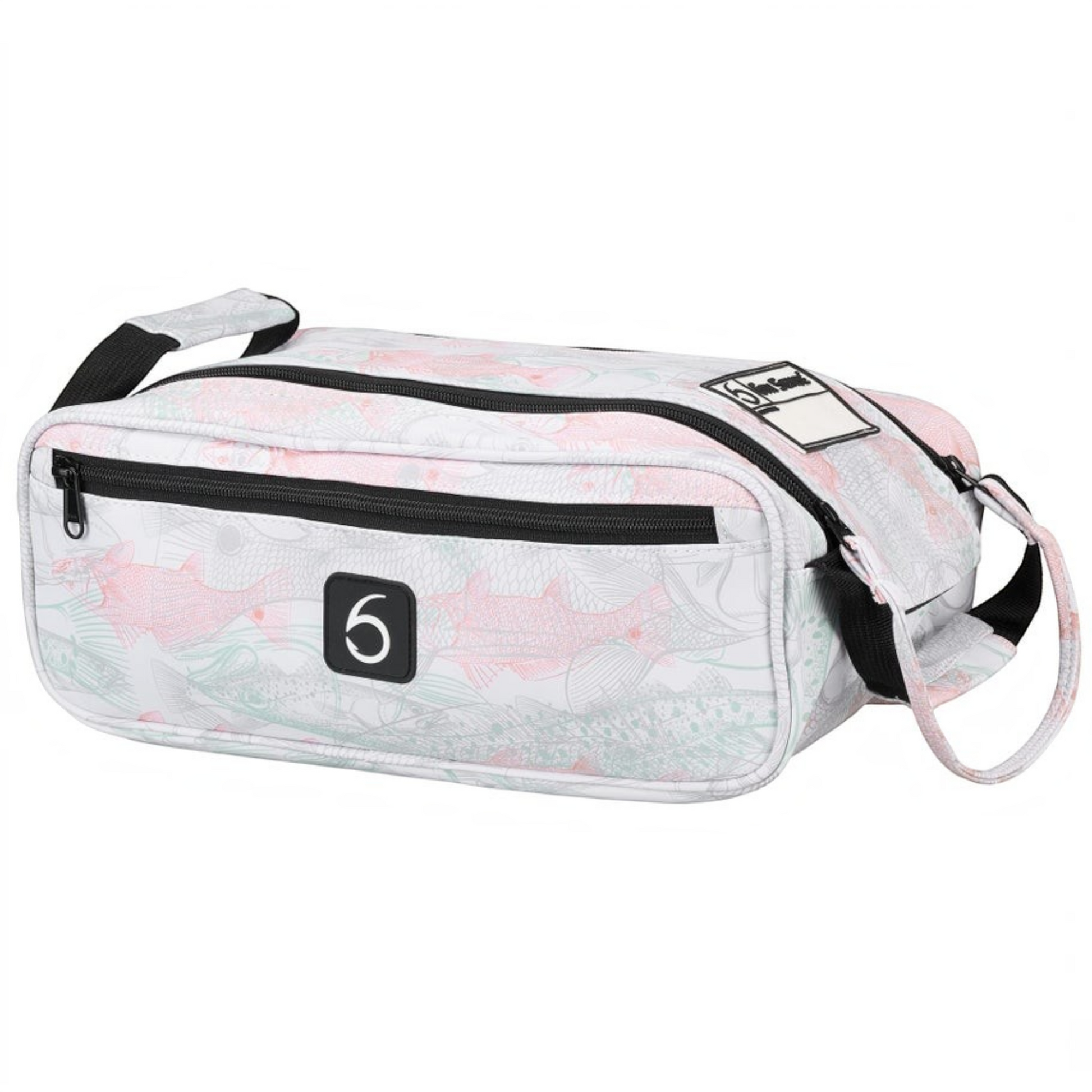 Dogfish Tackle & Marine 6th Sense extra large bait bag with white, pink, and green fish pattern and dual zippers.