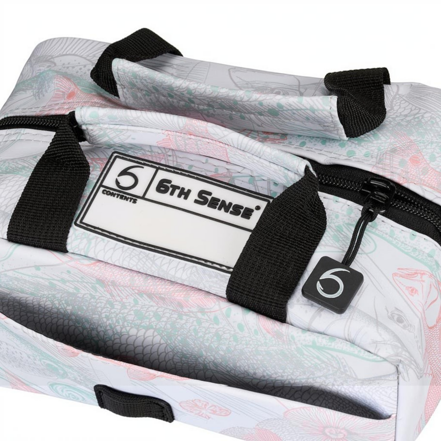 Dogfish Tackle & Marine 6th Sense small bait bag with white fish pattern, black handles, and contents label slot.