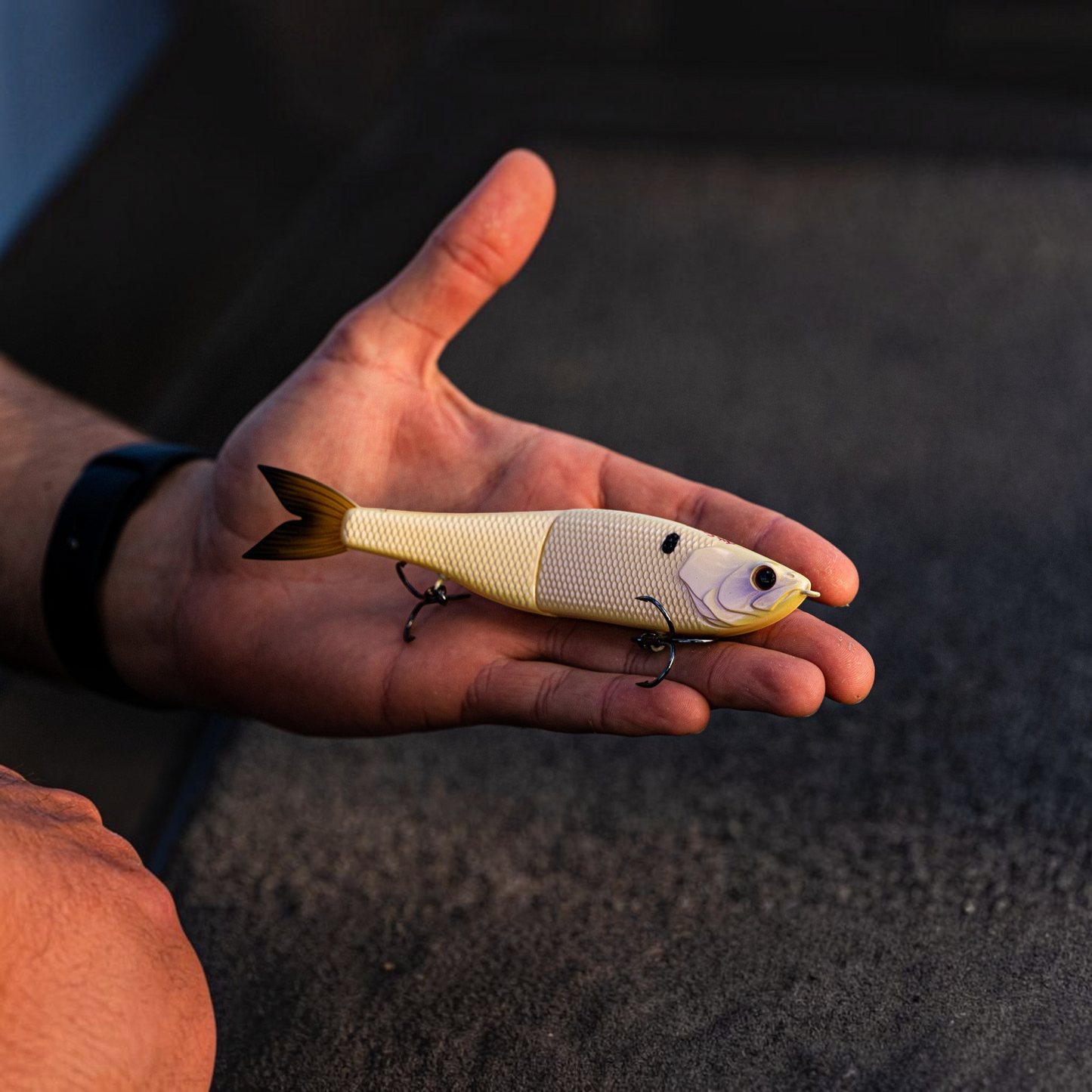 Dogfish Tackle & Marine 6th Sense The Draw 6.5 glide bait in a light cream color held in a person's hand.