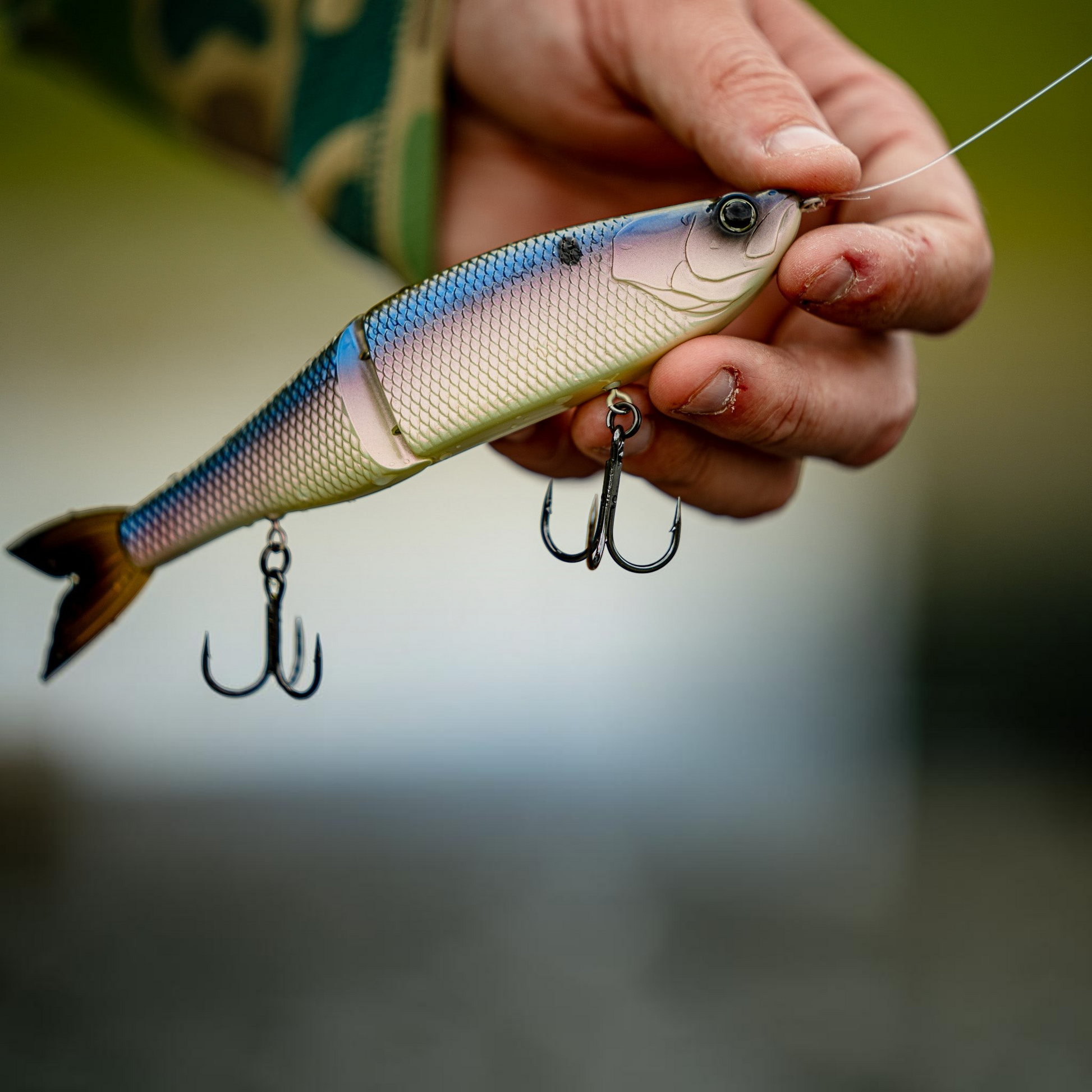 Dogfish Tackle & Marine 6th Sense The Draw 6.5 glide bait with realistic scales and blue back held in a hand