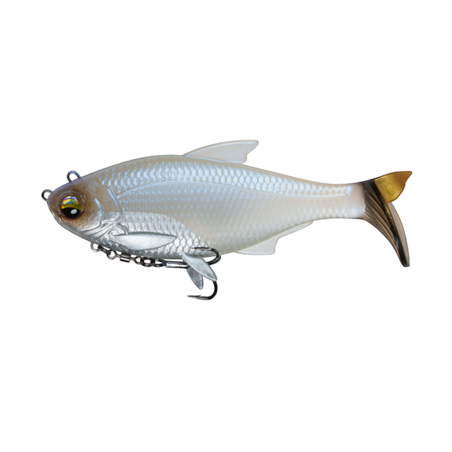 Dogfish Tackle & Marine 6th Sense The Option swimbait in a pearlescent white finish with a bottom-rigged treble hook.