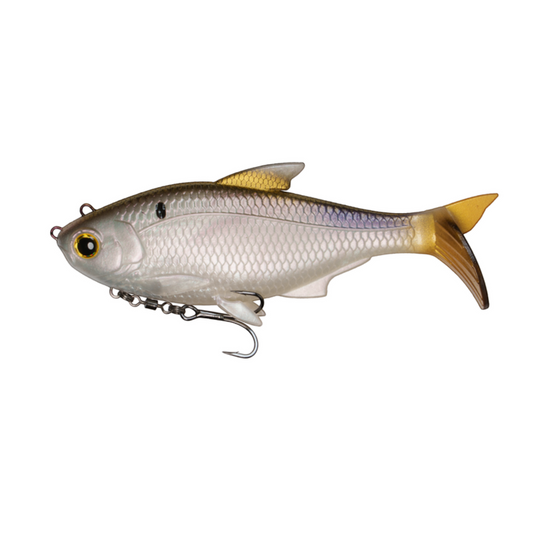 Dogfish Tackle & Marine 6th Sense The Option swimbait with a silver scale pattern, dorsal fin, and bottom treble hook.