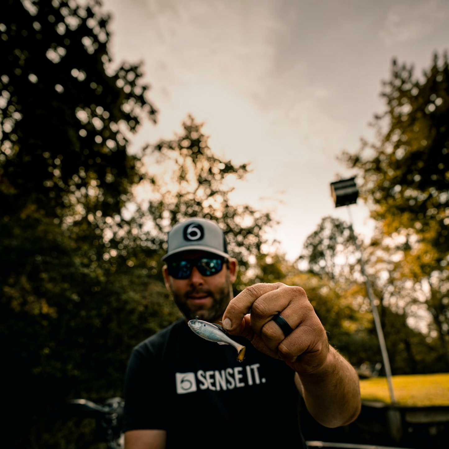 Dogfish Tackle & Marine angler holding a 6th Sense Panorama Swimbait with realistic 3D detail outdoors