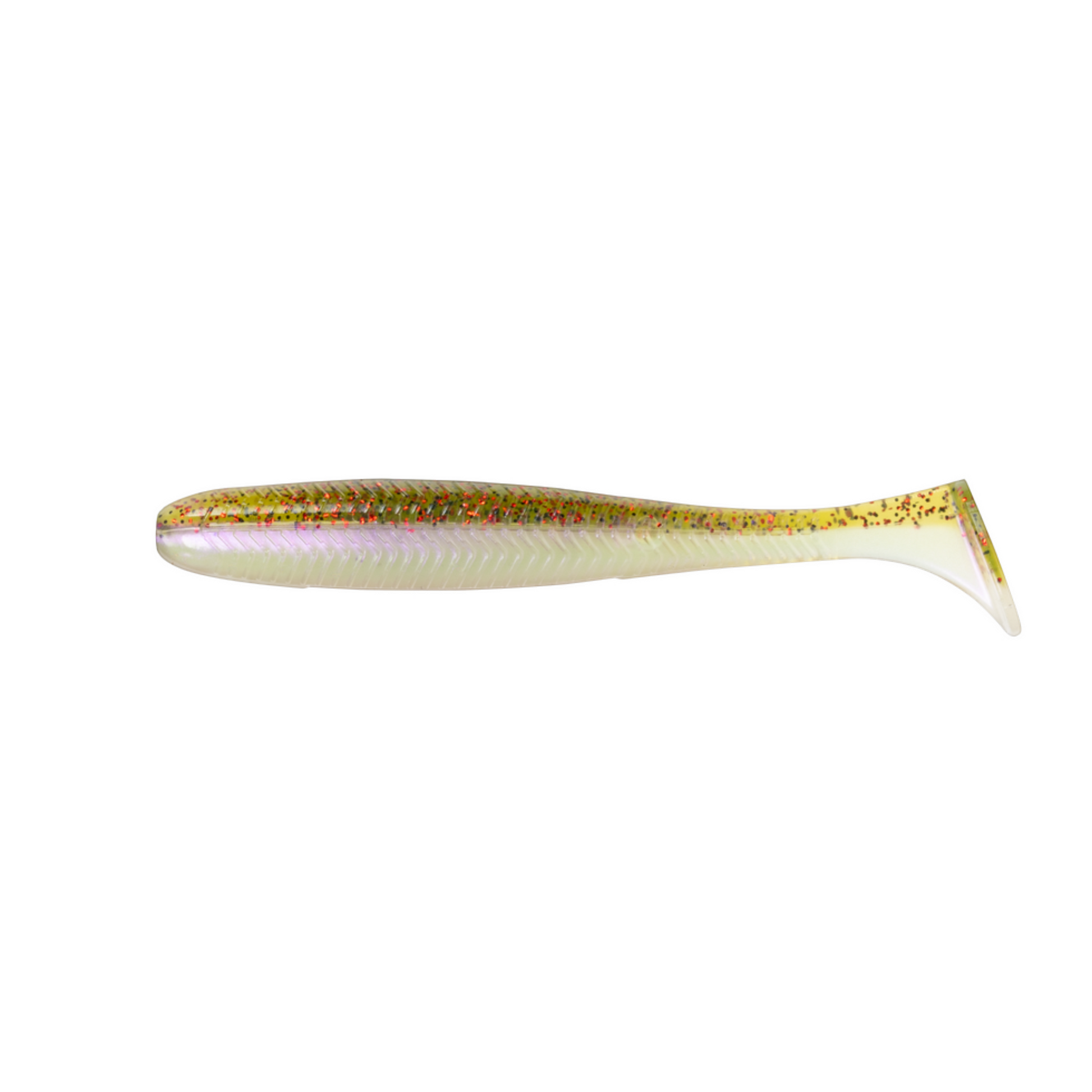 Dogfish Tackle & Marine 6th Sense Divine 3.4in saltwater swimbait in a translucent green with red and gold glitter.
