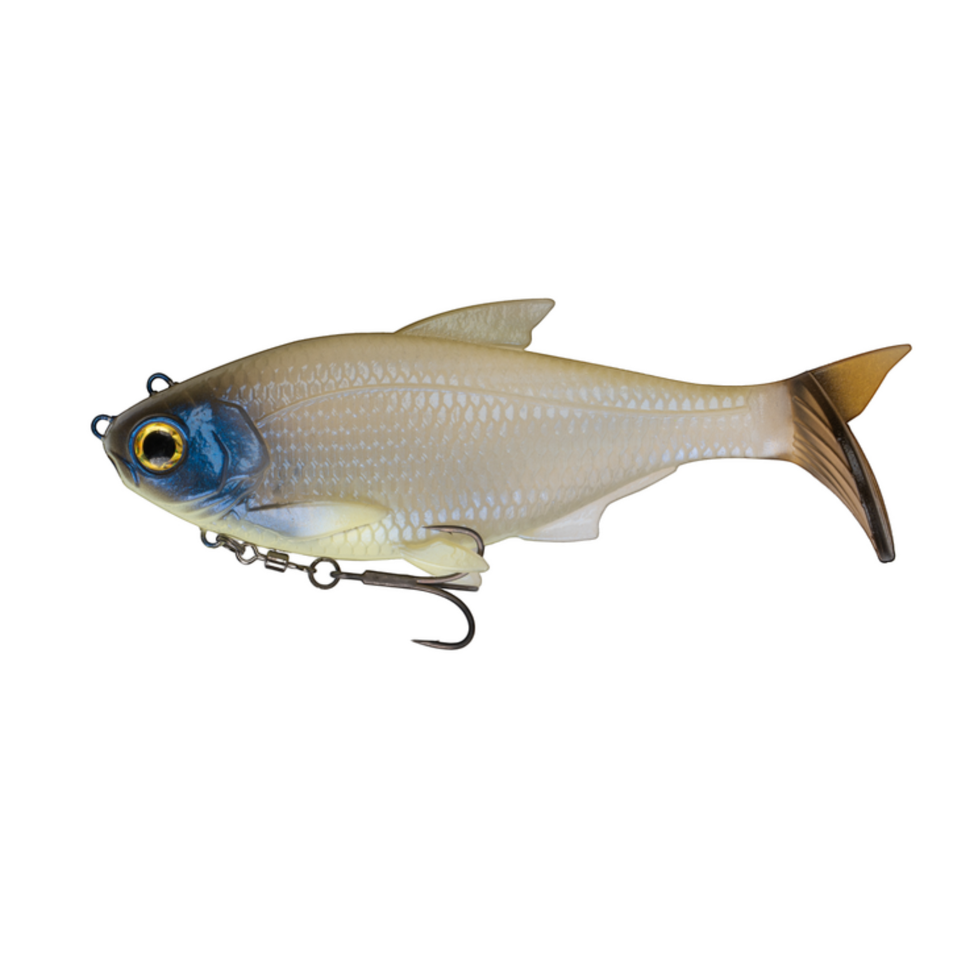 Dogfish Tackle & Marine 6th Sense The Option swimbait with a realistic silver body, blue head, and bottom treble hook.