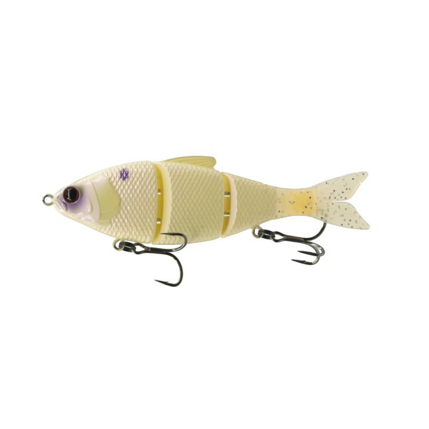 Dogfish Tackle & Marine 6th Sense Trace 5-inch multi-jointed swimbait in a light cream colour with black treble hooks.