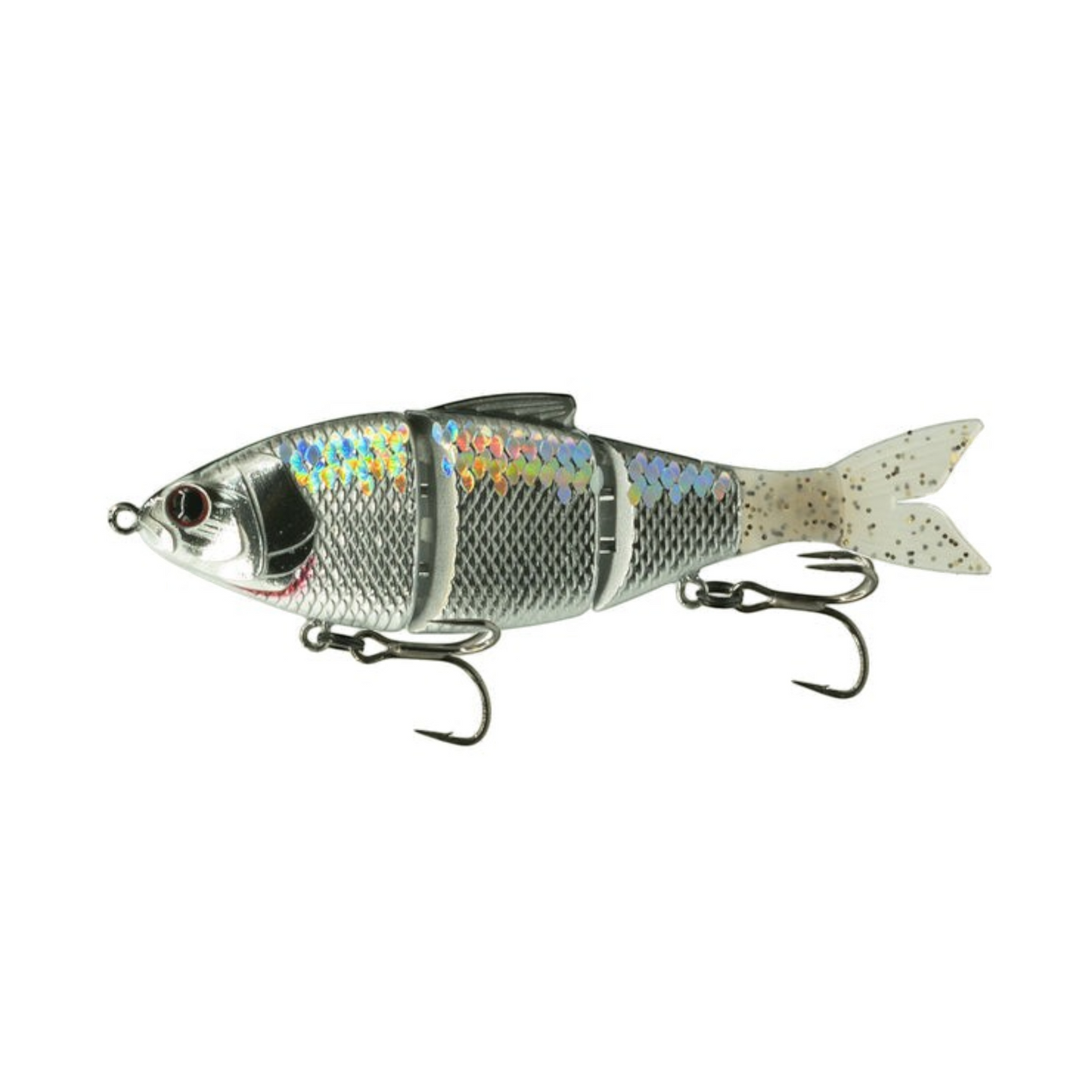 Dogfish Tackle & Marine 6th Sense Trace 5in multi-jointed swimbait with silver 3D scales and black nickel hooks.