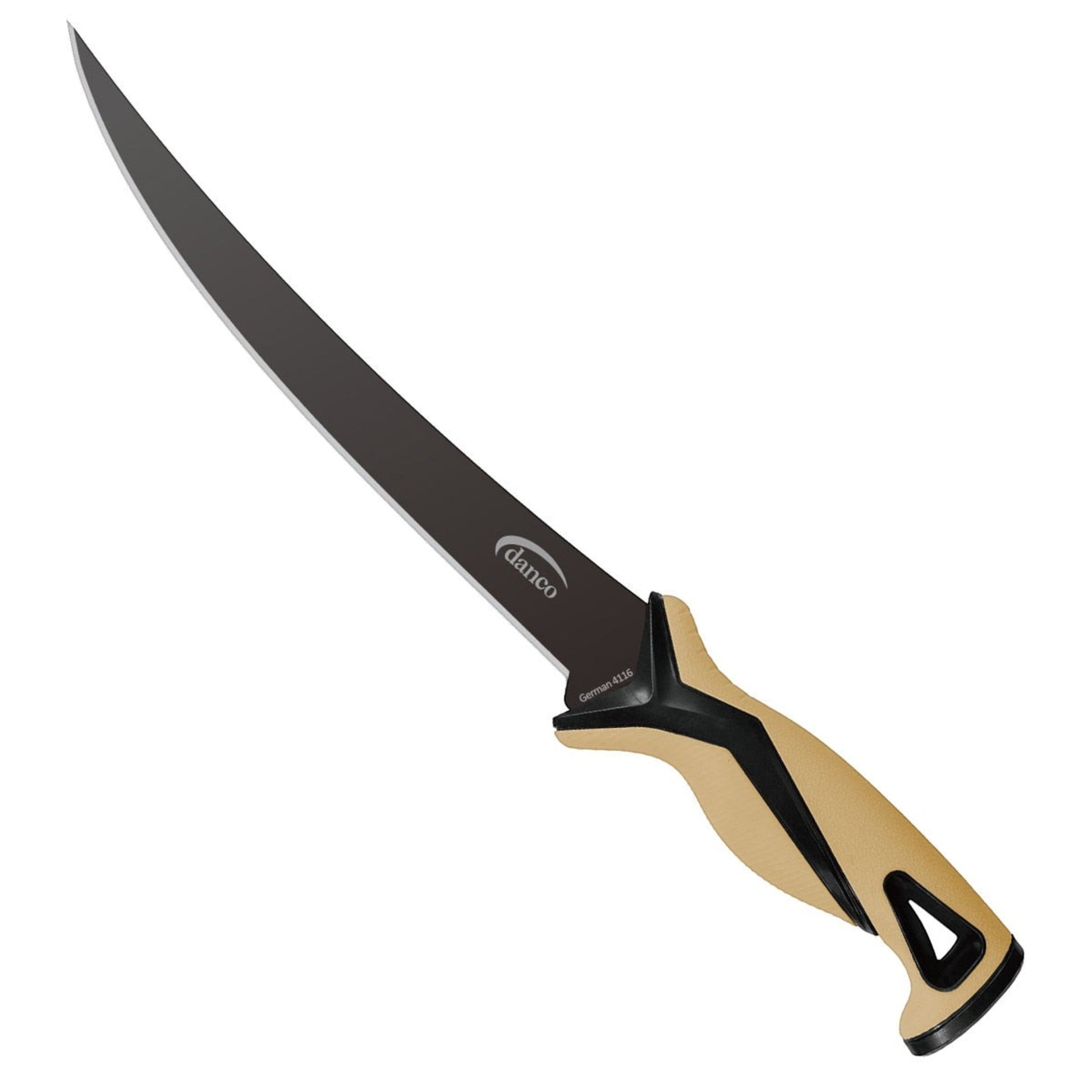 Dogfish Tackle & Marine 9-inch Danco Pro Series fillet knife with a black Teflon-coated blade and tan ergonomic grip.
