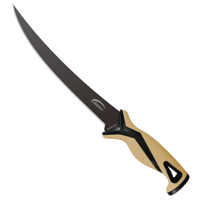 Dogfish Tackle & Marine 9-inch Danco Pro Series fillet knife with a black Teflon-coated blade and tan ergonomic grip.