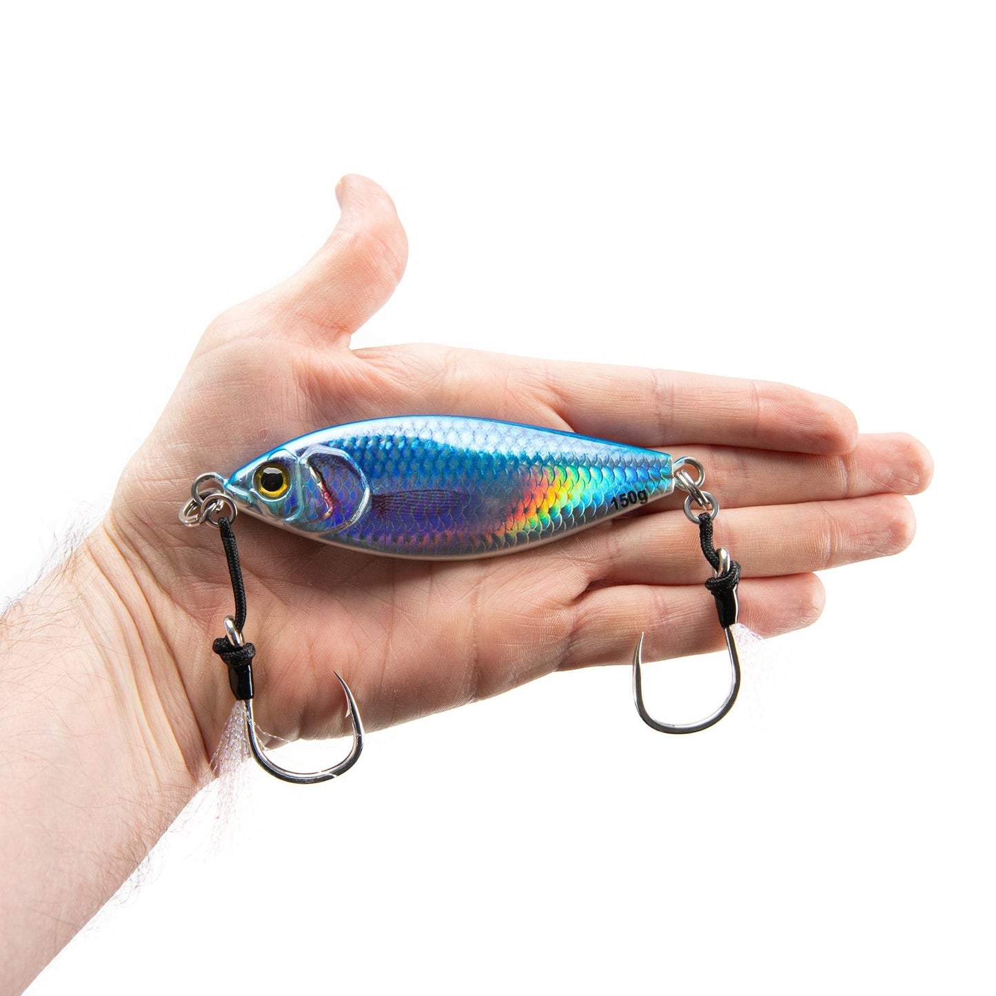 Dogfish Tackle & Marine Angler Co Widowmaker Jig, 150g slow pitch jig with shad-profile body in blue and silver.
