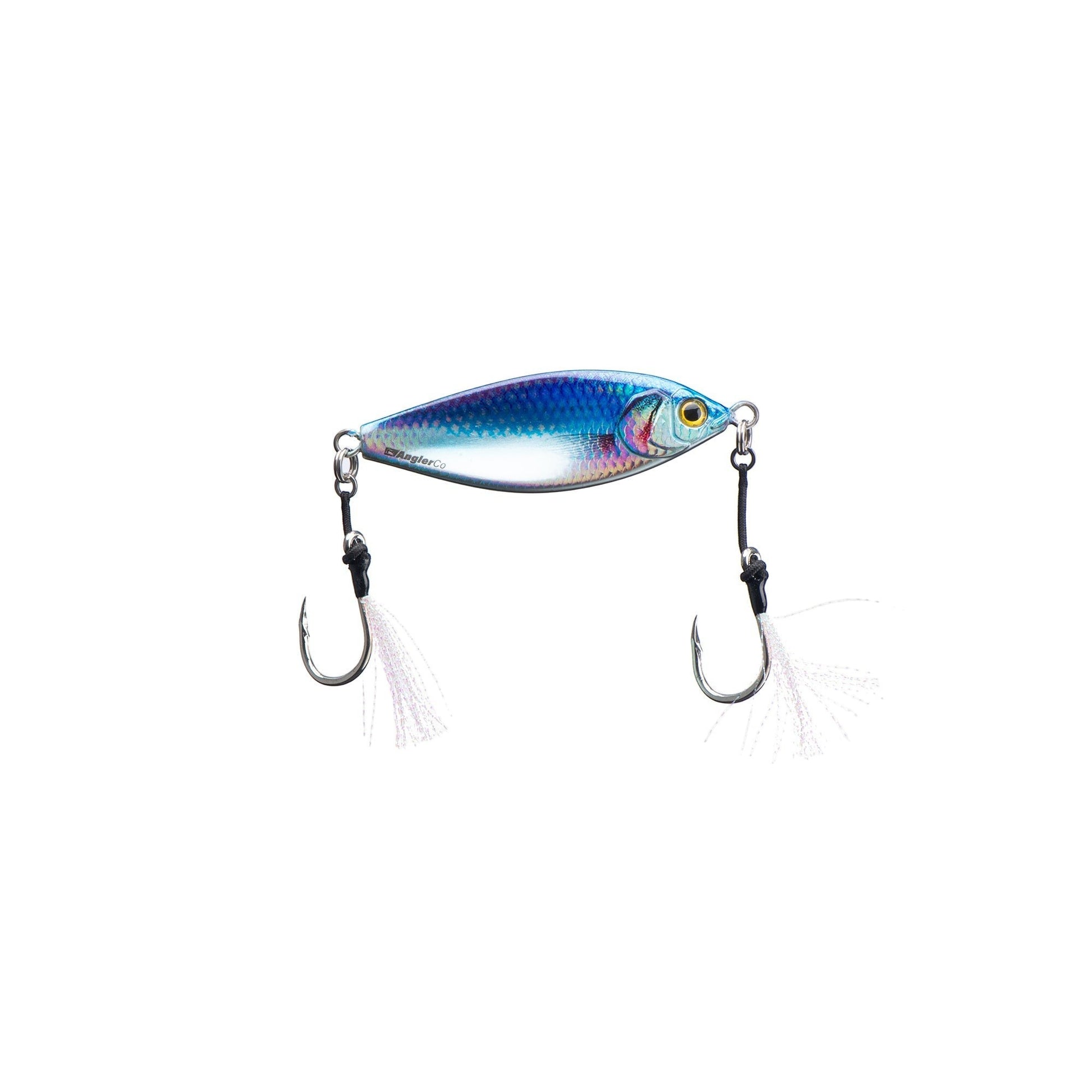 Dogfish Tackle & Marine Angler Co Widowmaker slow pitch jig with shad-profile body, blue and silver finish, and two feathered hooks.