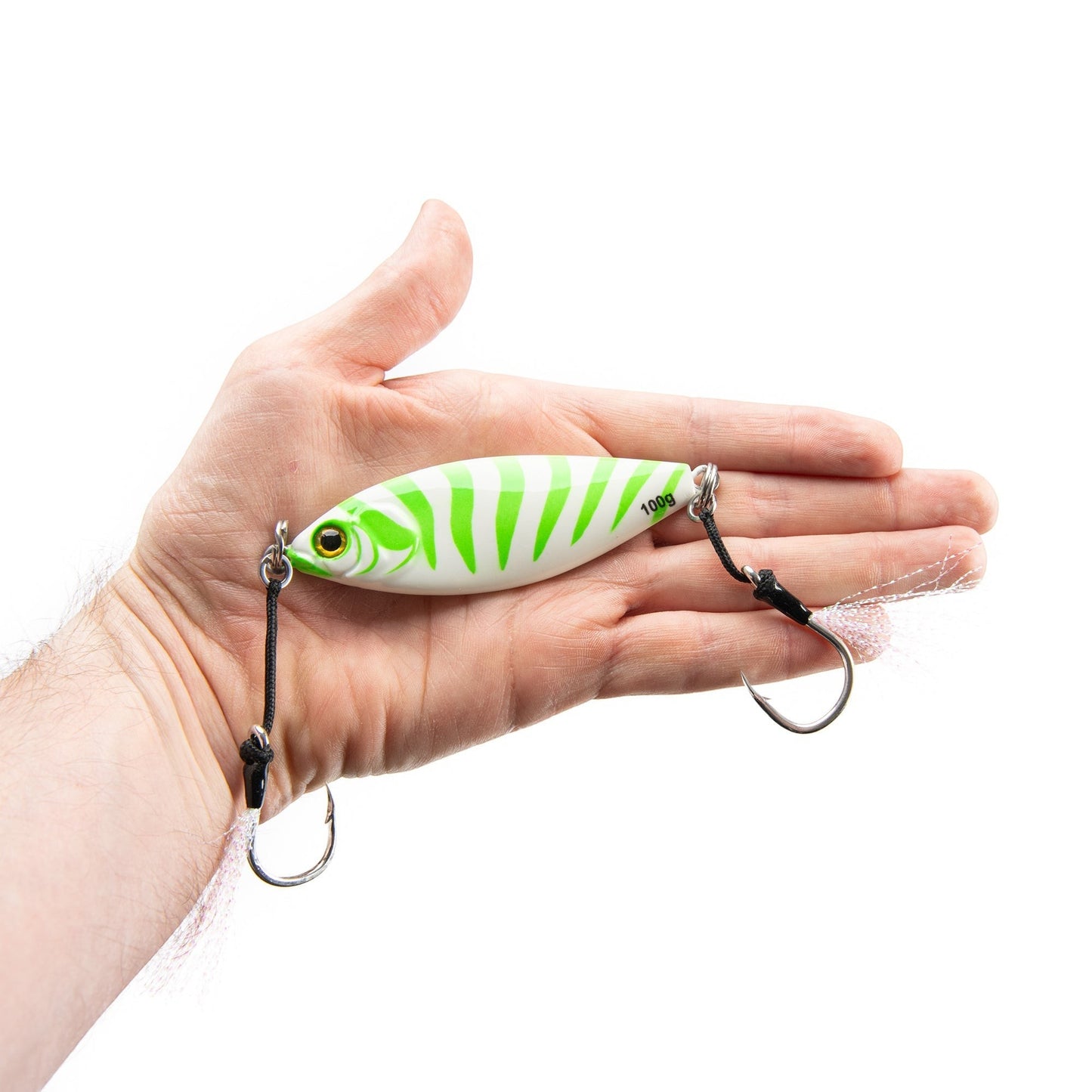 Dogfish Tackle & Marine Angler Co Widowmaker Jig, 100g slow pitch jig with white and green stripes, shad-profile body, and two hooks.
