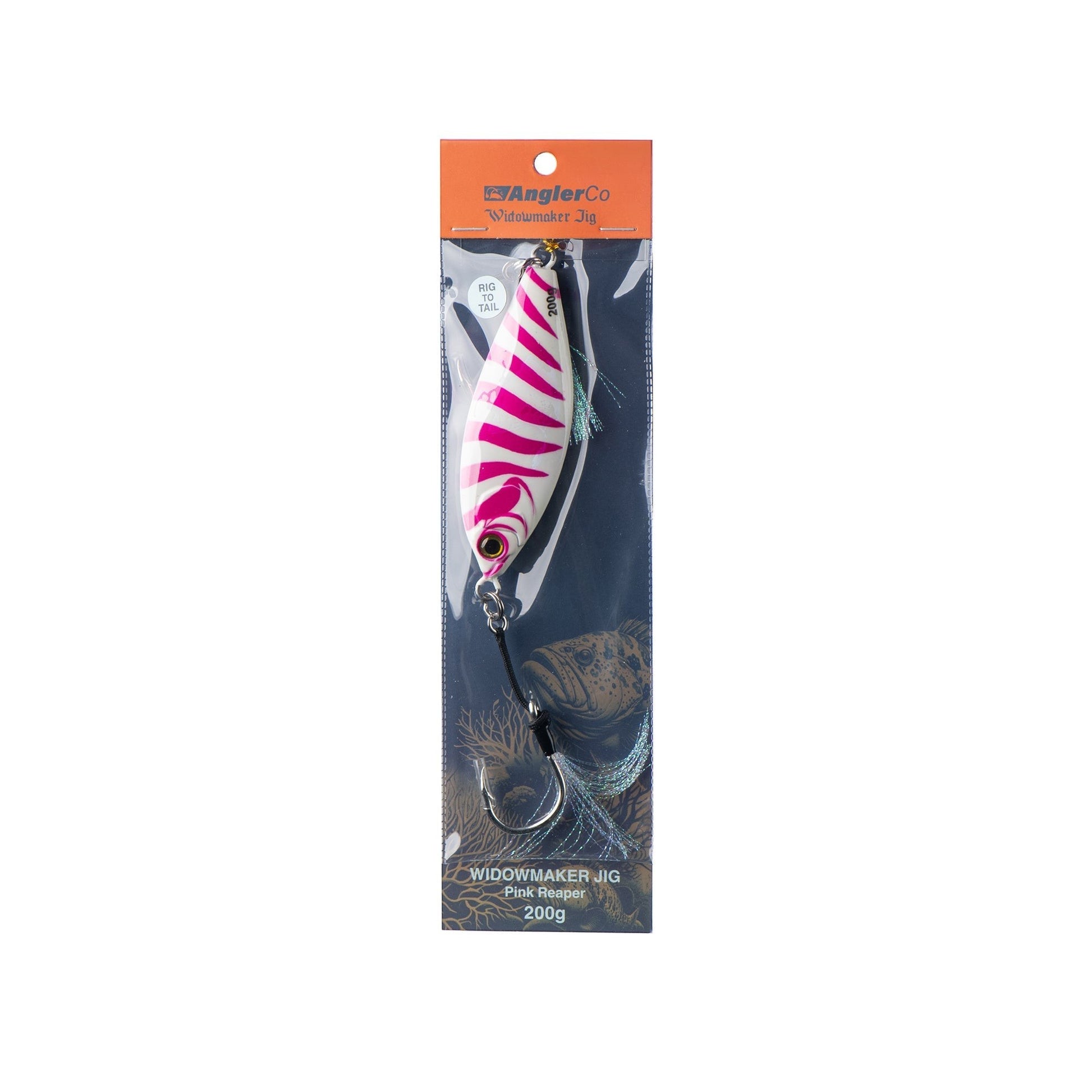 Dogfish Tackle & Marine Angler Co Widowmaker Jig, 200g, pink and white striped slow pitch fishing lure with a shad profile and reinforced hook.