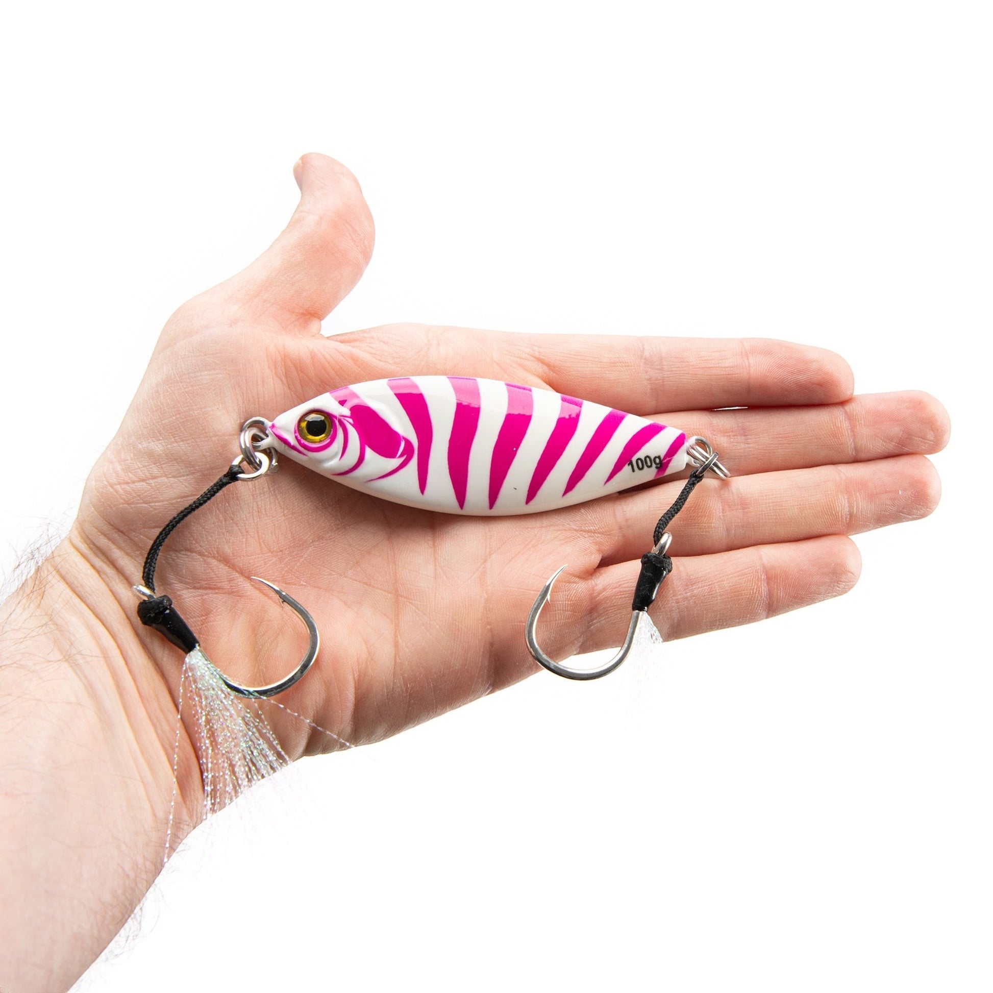 Dogfish Tackle & Marine Angler Co Widowmaker 100g slow pitch jig with pink stripes and two hooks.