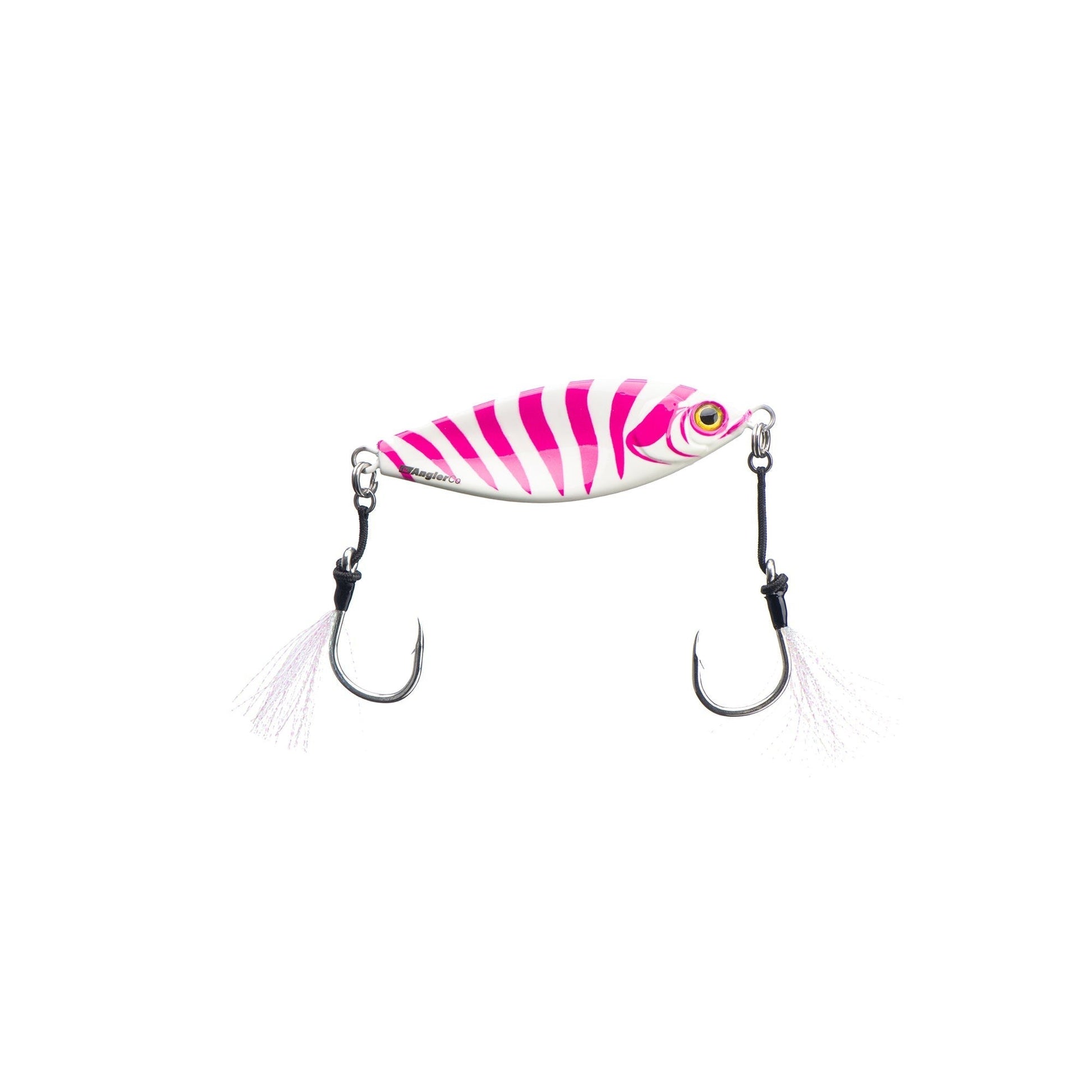 Dogfish Tackle & Marine Angler Co Widowmaker slow pitch jig, white with pink stripes, shad profile, two treble hooks with white feather assist.
